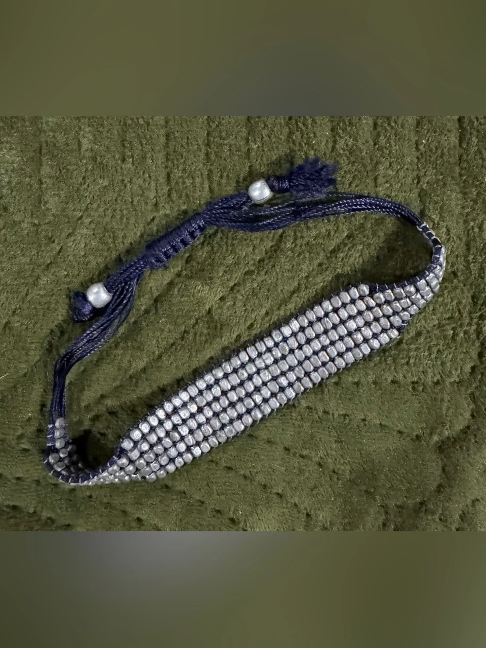 Beaded Metal Mesh Bracelet in Silver with Navy Cord